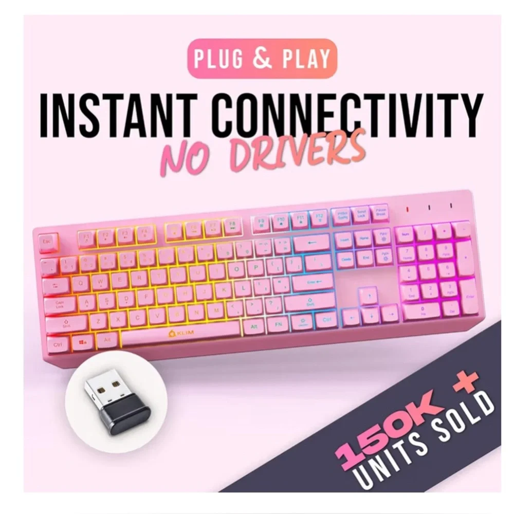KLIM Chroma Pink Wireless Keyboard – RGB Backlit, Rechargeable Battery